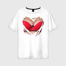 Женская футболка хлопок Oversize с принтом Красный бюст в Курске, 100% хлопок | свободный крой, круглый ворот, спущенный рукав, длина до линии бедер
 | 2015 | бюст | бюстгальтер | костюм | красный бюст | лифон | лифчик | новый год | праздник
