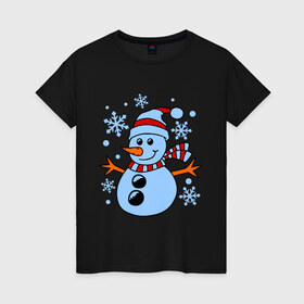 Женская футболка хлопок с принтом Снеговичок в Курске, 100% хлопок | прямой крой, круглый вырез горловины, длина до линии бедер, слегка спущенное плечо | зима | новый год | снег | снеговик