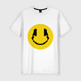 Мужская футболка премиум с принтом Smile Music в Курске, 92% хлопок, 8% лайкра | приталенный силуэт, круглый вырез ворота, длина до линии бедра, короткий рукав | Тематика изображения на принте: music | smile | смайл наушники