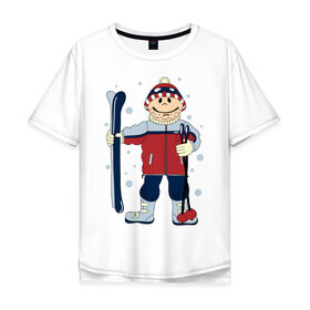 Мужская футболка хлопок Oversize с принтом Лыжник в Курске, 100% хлопок | свободный крой, круглый ворот, “спинка” длиннее передней части | Тематика изображения на принте: лыжи | лыжник | палки | снег | снежинки | спорт