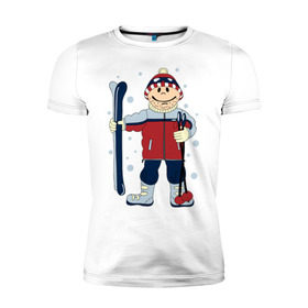 Мужская футболка премиум с принтом Лыжник в Курске, 92% хлопок, 8% лайкра | приталенный силуэт, круглый вырез ворота, длина до линии бедра, короткий рукав | Тематика изображения на принте: лыжи | лыжник | палки | снег | снежинки | спорт