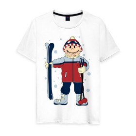 Мужская футболка хлопок с принтом Лыжник в Курске, 100% хлопок | прямой крой, круглый вырез горловины, длина до линии бедер, слегка спущенное плечо. | лыжи | лыжник | палки | снег | снежинки | спорт