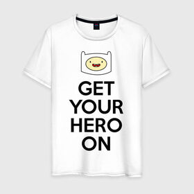 Мужская футболка хлопок с принтом Get your hero on в Курске, 100% хлопок | прямой крой, круглый вырез горловины, длина до линии бедер, слегка спущенное плечо. | Тематика изображения на принте: adventure time | время приключений | финн