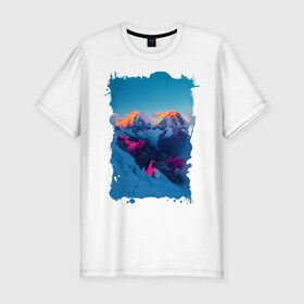 Мужская футболка премиум с принтом Снежные горы в Курске, 92% хлопок, 8% лайкра | приталенный силуэт, круглый вырез ворота, длина до линии бедра, короткий рукав | Тематика изображения на принте: пейзаж | рассвет