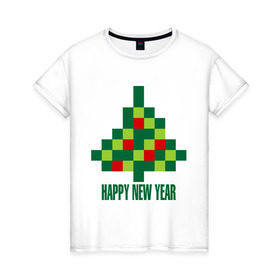 Женская футболка хлопок с принтом Елка - пиксели в Курске, 100% хлопок | прямой крой, круглый вырез горловины, длина до линии бедер, слегка спущенное плечо | 2015 | new year | елка | мозаика | новый год | пазл