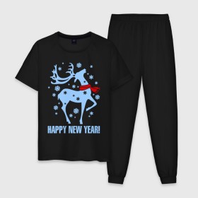 Мужская пижама хлопок с принтом Олень с шарфом в Курске, 100% хлопок | брюки и футболка прямого кроя, без карманов, на брюках мягкая резинка на поясе и по низу штанин
 | new year | новый год | олень | шарф