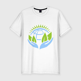 Мужская футболка премиум с принтом Планету нужно беречь в Курске, 92% хлопок, 8% лайкра | приталенный силуэт, круглый вырез ворота, длина до линии бедра, короткий рукав | green peace | гринпис | забота | охрана | планета | природа