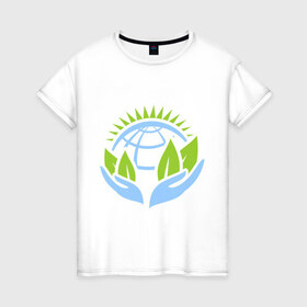 Женская футболка хлопок с принтом Планету нужно беречь в Курске, 100% хлопок | прямой крой, круглый вырез горловины, длина до линии бедер, слегка спущенное плечо | green peace | гринпис | забота | охрана | планета | природа