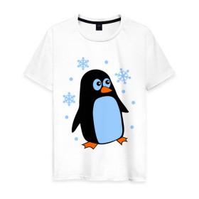 Мужская футболка хлопок с принтом Пингвин под снегом в Курске, 100% хлопок | прямой крой, круглый вырез горловины, длина до линии бедер, слегка спущенное плечо. | пингвин