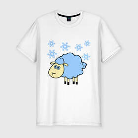 Мужская футболка премиум с принтом Овечка и снег в Курске, 92% хлопок, 8% лайкра | приталенный силуэт, круглый вырез ворота, длина до линии бедра, короткий рукав | 2015 | new year | новый год | овца | снег | снежинки