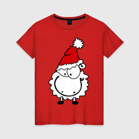 Женская футболка хлопок с принтом Счастливая овечка в Курске, 100% хлопок | прямой крой, круглый вырез горловины, длина до линии бедер, слегка спущенное плечо | 2015 | new year | новый год | овечка | овца | счастье