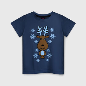 Детская футболка хлопок с принтом Милый олень и снежинки в Курске, 100% хлопок | круглый вырез горловины, полуприлегающий силуэт, длина до линии бедер | new year | новый год | олень | снег | снежинки