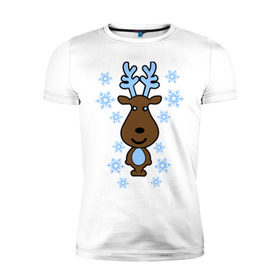 Мужская футболка премиум с принтом Милый олень и снежинки в Курске, 92% хлопок, 8% лайкра | приталенный силуэт, круглый вырез ворота, длина до линии бедра, короткий рукав | new year | новый год | олень | снег | снежинки
