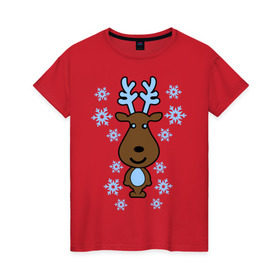 Женская футболка хлопок с принтом Милый олень и снежинки в Курске, 100% хлопок | прямой крой, круглый вырез горловины, длина до линии бедер, слегка спущенное плечо | new year | новый год | олень | снег | снежинки