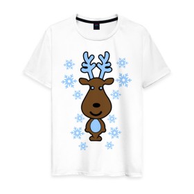 Мужская футболка хлопок с принтом Милый олень и снежинки в Курске, 100% хлопок | прямой крой, круглый вырез горловины, длина до линии бедер, слегка спущенное плечо. | new year | новый год | олень | снег | снежинки