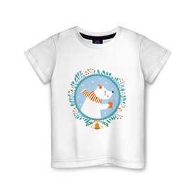 Детская футболка хлопок с принтом Белый мишка в Курске, 100% хлопок | круглый вырез горловины, полуприлегающий силуэт, длина до линии бедер | белый мишка | венок | новый год | подарки | праздник | снег | снежинки | холод | шапки