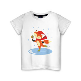 Детская футболка хлопок с принтом Лиса на коньках в Курске, 100% хлопок | круглый вырез горловины, полуприлегающий силуэт, длина до линии бедер | лиса