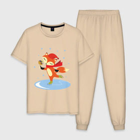 Мужская пижама хлопок с принтом Лиса на коньках в Курске, 100% хлопок | брюки и футболка прямого кроя, без карманов, на брюках мягкая резинка на поясе и по низу штанин
 | лиса