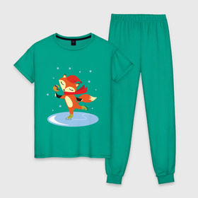 Женская пижама хлопок с принтом Лиса на коньках в Курске, 100% хлопок | брюки и футболка прямого кроя, без карманов, на брюках мягкая резинка на поясе и по низу штанин | лиса