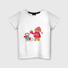 Детская футболка хлопок с принтом Медведь и сова в Курске, 100% хлопок | круглый вырез горловины, полуприлегающий силуэт, длина до линии бедер | венок | медведь. сова. санки | новый год | подарки | праздник | снег | снежинки | холод | шапки