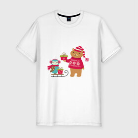 Мужская футболка премиум с принтом Медведь и сова в Курске, 92% хлопок, 8% лайкра | приталенный силуэт, круглый вырез ворота, длина до линии бедра, короткий рукав | венок | медведь. сова. санки | новый год | подарки | праздник | снег | снежинки | холод | шапки