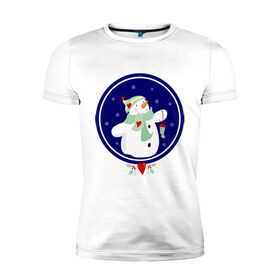 Мужская футболка премиум с принтом Снеговик в Курске, 92% хлопок, 8% лайкра | приталенный силуэт, круглый вырез ворота, длина до линии бедра, короткий рукав | новый год | праздник | снег | снеговик | снежинки | холод | шапки