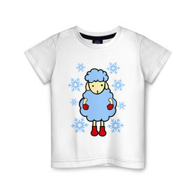 Детская футболка хлопок с принтом Барашек и снежинки в Курске, 100% хлопок | круглый вырез горловины, полуприлегающий силуэт, длина до линии бедер | барашек | зима | новый год | овечка | овца | снег | снежинки