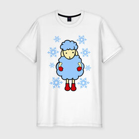 Мужская футболка премиум с принтом Барашек и снежинки в Курске, 92% хлопок, 8% лайкра | приталенный силуэт, круглый вырез ворота, длина до линии бедра, короткий рукав | барашек | зима | новый год | овечка | овца | снег | снежинки