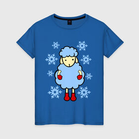 Женская футболка хлопок с принтом Барашек и снежинки в Курске, 100% хлопок | прямой крой, круглый вырез горловины, длина до линии бедер, слегка спущенное плечо | барашек | зима | новый год | овечка | овца | снег | снежинки