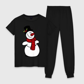 Женская пижама хлопок с принтом Весёлый снеговик в Курске, 100% хлопок | брюки и футболка прямого кроя, без карманов, на брюках мягкая резинка на поясе и по низу штанин | new year | новый год | рождество | снеговик