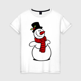 Женская футболка хлопок с принтом Весёлый снеговик в Курске, 100% хлопок | прямой крой, круглый вырез горловины, длина до линии бедер, слегка спущенное плечо | new year | новый год | рождество | снеговик