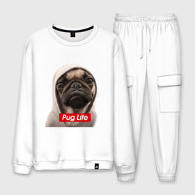 Мужской костюм хлопок с принтом Pug life в Курске, 100% хлопок | на свитшоте круглая горловина, мягкая резинка по низу. Брюки заужены к низу, на них два вида карманов: два “обычных” по бокам и два объемных, с клапанами, расположенные ниже линии бедра. Брюки с мягкой трикотажной резинкой на поясе и по низу штанин. В поясе для дополнительного комфорта — широкие завязки | pug life | жизнь | капюшон | мопс | собака