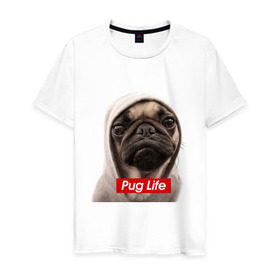 Мужская футболка хлопок с принтом Pug life в Курске, 100% хлопок | прямой крой, круглый вырез горловины, длина до линии бедер, слегка спущенное плечо. | pug life | жизнь | капюшон | мопс | собака