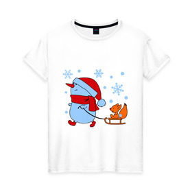Женская футболка хлопок с принтом Снеговик с санками в Курске, 100% хлопок | прямой крой, круглый вырез горловины, длина до линии бедер, слегка спущенное плечо | new year | белка | новый год | сани | снеговик