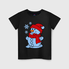 Детская футболка хлопок с принтом Снеговик и снежинки в Курске, 100% хлопок | круглый вырез горловины, полуприлегающий силуэт, длина до линии бедер | зима | новый год | снег | снеговик | снежинки