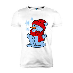 Мужская футболка премиум с принтом Снеговик и снежинки в Курске, 92% хлопок, 8% лайкра | приталенный силуэт, круглый вырез ворота, длина до линии бедра, короткий рукав | зима | новый год | снег | снеговик | снежинки