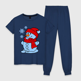 Женская пижама хлопок с принтом Снеговик и снежинки в Курске, 100% хлопок | брюки и футболка прямого кроя, без карманов, на брюках мягкая резинка на поясе и по низу штанин | зима | новый год | снег | снеговик | снежинки