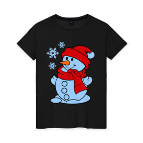 Женская футболка хлопок с принтом Снеговик и снежинки в Курске, 100% хлопок | прямой крой, круглый вырез горловины, длина до линии бедер, слегка спущенное плечо | зима | новый год | снег | снеговик | снежинки