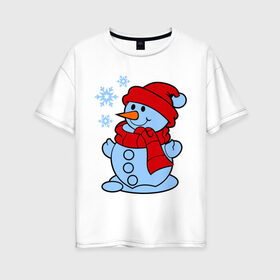 Женская футболка хлопок Oversize с принтом Снеговик и снежинки в Курске, 100% хлопок | свободный крой, круглый ворот, спущенный рукав, длина до линии бедер
 | зима | новый год | снег | снеговик | снежинки