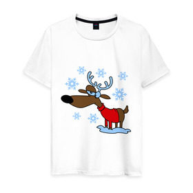 Мужская футболка хлопок с принтом Олень в снегу в Курске, 100% хлопок | прямой крой, круглый вырез горловины, длина до линии бедер, слегка спущенное плечо. | new year | новый год | олень | снег