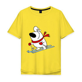 Мужская футболка хлопок Oversize с принтом Мишка на лыжах. в Курске, 100% хлопок | свободный крой, круглый ворот, “спинка” длиннее передней части | белый | зима | лыжи | медведь | мишка | новый год