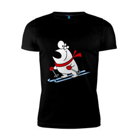 Мужская футболка премиум с принтом Мишка на лыжах. в Курске, 92% хлопок, 8% лайкра | приталенный силуэт, круглый вырез ворота, длина до линии бедра, короткий рукав | белый | зима | лыжи | медведь | мишка | новый год