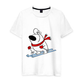 Мужская футболка хлопок с принтом Мишка на лыжах. в Курске, 100% хлопок | прямой крой, круглый вырез горловины, длина до линии бедер, слегка спущенное плечо. | Тематика изображения на принте: белый | зима | лыжи | медведь | мишка | новый год