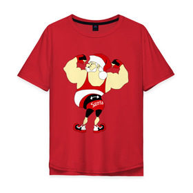 Мужская футболка хлопок Oversize с принтом Санта бодибилдер в Курске, 100% хлопок | свободный крой, круглый ворот, “спинка” длиннее передней части | Тематика изображения на принте: 2015 | бодибилдер | культурист | новый год | рождество | санта
