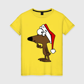 Женская футболка хлопок с принтом Собачка в новогодней шапке в Курске, 100% хлопок | прямой крой, круглый вырез горловины, длина до линии бедер, слегка спущенное плечо | 2015 | new year | новый год | собака | шапка