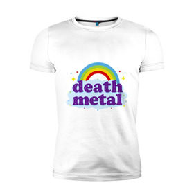 Мужская футболка премиум с принтом Rainbow death metal в Курске, 92% хлопок, 8% лайкра | приталенный силуэт, круглый вырез ворота, длина до линии бедра, короткий рукав | Тематика изображения на принте: будь металистом | волшебство | метал | музыка | оставайся рокером | прикол | радуга | рок | рокерам