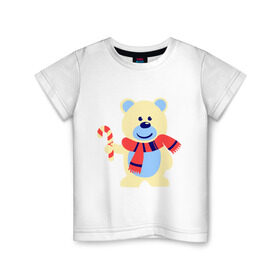 Детская футболка хлопок с принтом Мишка в Курске, 100% хлопок | круглый вырез горловины, полуприлегающий силуэт, длина до линии бедер | конфета | леденец | медведь | мишка | нг | новый год | шарф