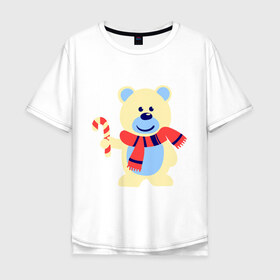 Мужская футболка хлопок Oversize с принтом Мишка в Курске, 100% хлопок | свободный крой, круглый ворот, “спинка” длиннее передней части | конфета | леденец | медведь | мишка | нг | новый год | шарф