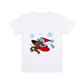 Детская футболка хлопок с принтом Собачка в новогоднем колпаке в Курске, 100% хлопок | круглый вырез горловины, полуприлегающий силуэт, длина до линии бедер | new year | новый год | пес | собака
