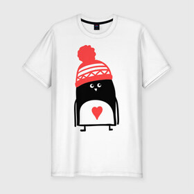 Мужская футболка премиум с принтом Пингвин в шапке в Курске, 92% хлопок, 8% лайкра | приталенный силуэт, круглый вырез ворота, длина до линии бедра, короткий рукав | пингвин